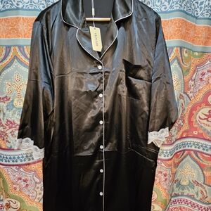 Black Satin Nightgown with Lace Trim